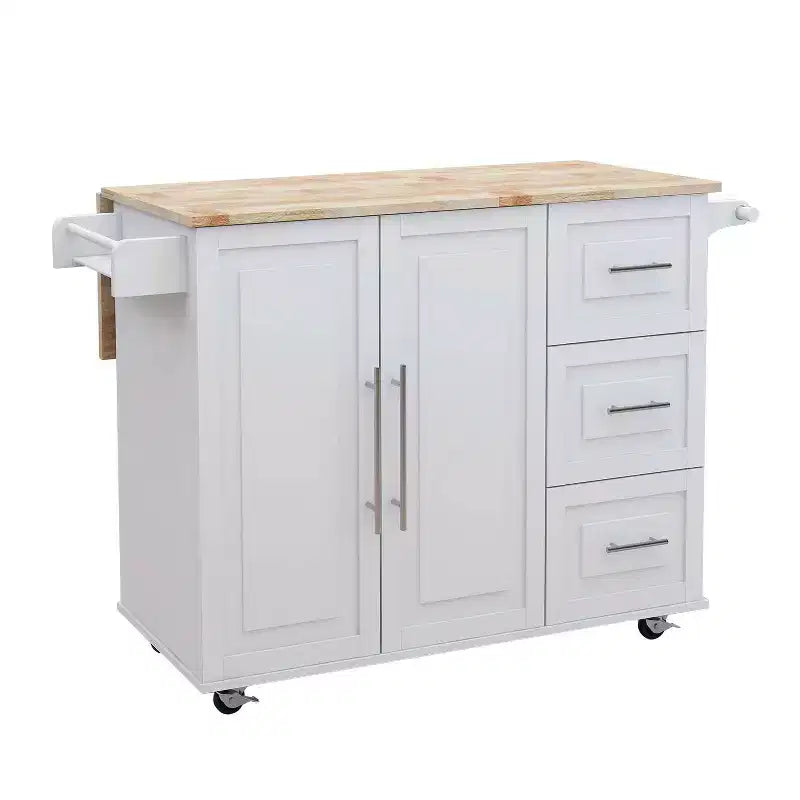 MAYEERTY White Kitchen Island, Extensible Solid Wood Top Spice Rack Towel Rack