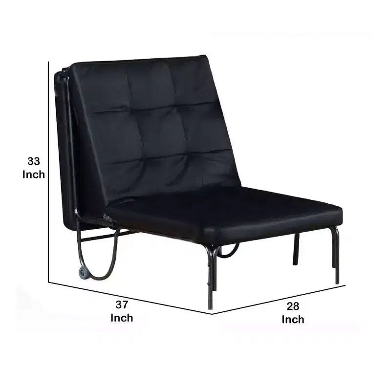 Royal Hampton Metal Futon with Faux Leather Upholstered Tufted Details and Casters, Black