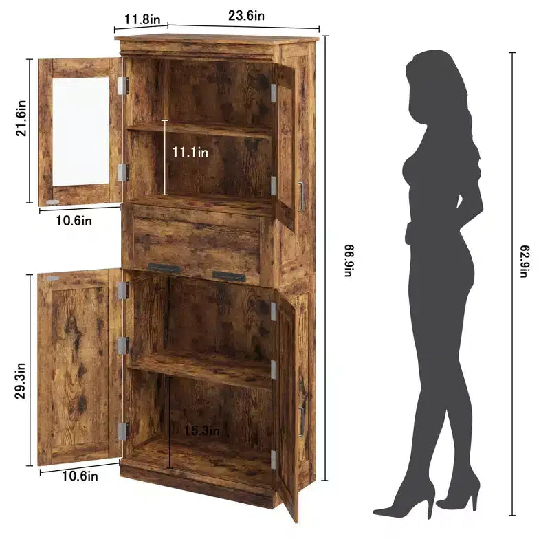 67 Tall Kitchen Pantry Cabinet, Wood Cupboard Storage Cabinet with Glass Doors, Bathroom Storage Cabinet,Display Cabinet for Living Room Kitchen