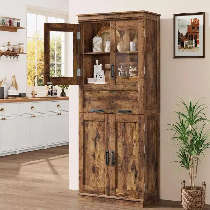 67 Tall Kitchen Pantry Cabinet, Wood Cupboard Storage Cabinet with Glass Doors, Bathroom Storage Cabinet,Display Cabinet for Living Room Kitchen