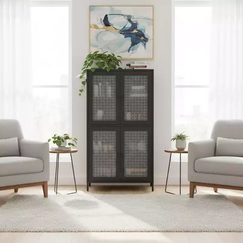 Homy Casa Metal Storage Cabinet with 4 Glass Doors, Tall Display Organizer with Adjustable Shelves, Black