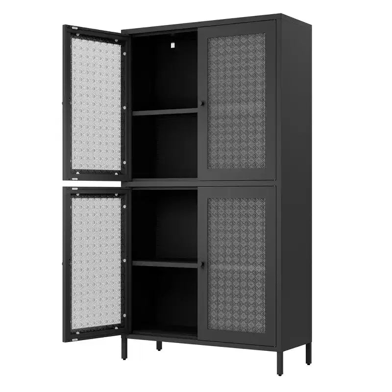 Homy Casa Metal Storage Cabinet with 4 Glass Doors, Tall Display Organizer with Adjustable Shelves, Black