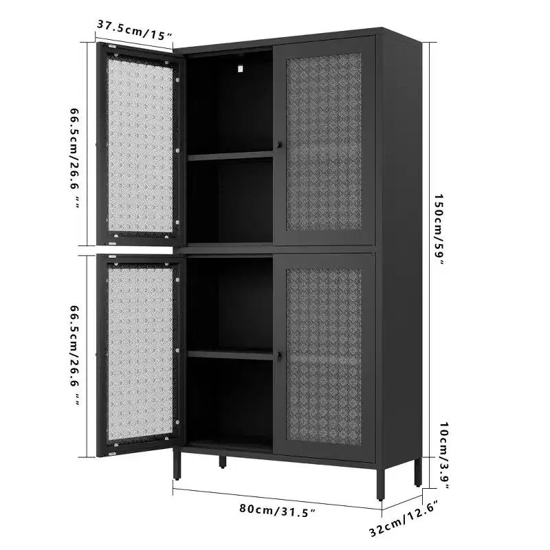 Homy Casa Metal Storage Cabinet with 4 Glass Doors, Tall Display Organizer with Adjustable Shelves, Black