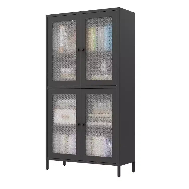 Homy Casa Metal Storage Cabinet with 4 Glass Doors, Tall Display Organizer with Adjustable Shelves, Black