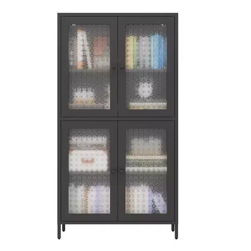 Homy Casa Metal Storage Cabinet with 4 Glass Doors, Tall Display Organizer with Adjustable Shelves, Black