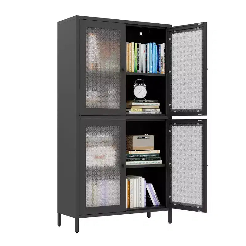 Homy Casa Metal Storage Cabinet with 4 Glass Doors, Tall Display Organizer with Adjustable Shelves, Black