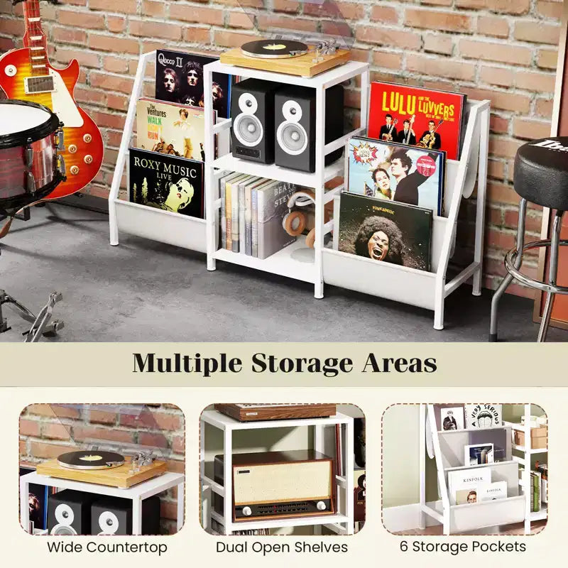 Meuble pour tourne-disque Costway avec rangement pour vinyles, présentoir pour platine avec 3 étagères