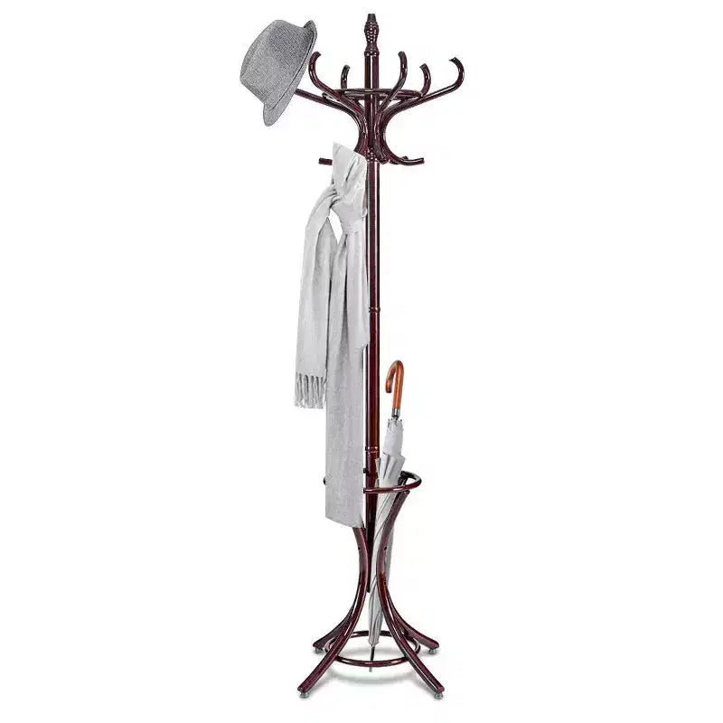 Costway Wood Standing Hat Coat Rack Jacket Bag Hanger Tree 12 Hooks Reddish Brown w/ Umbrella Stand