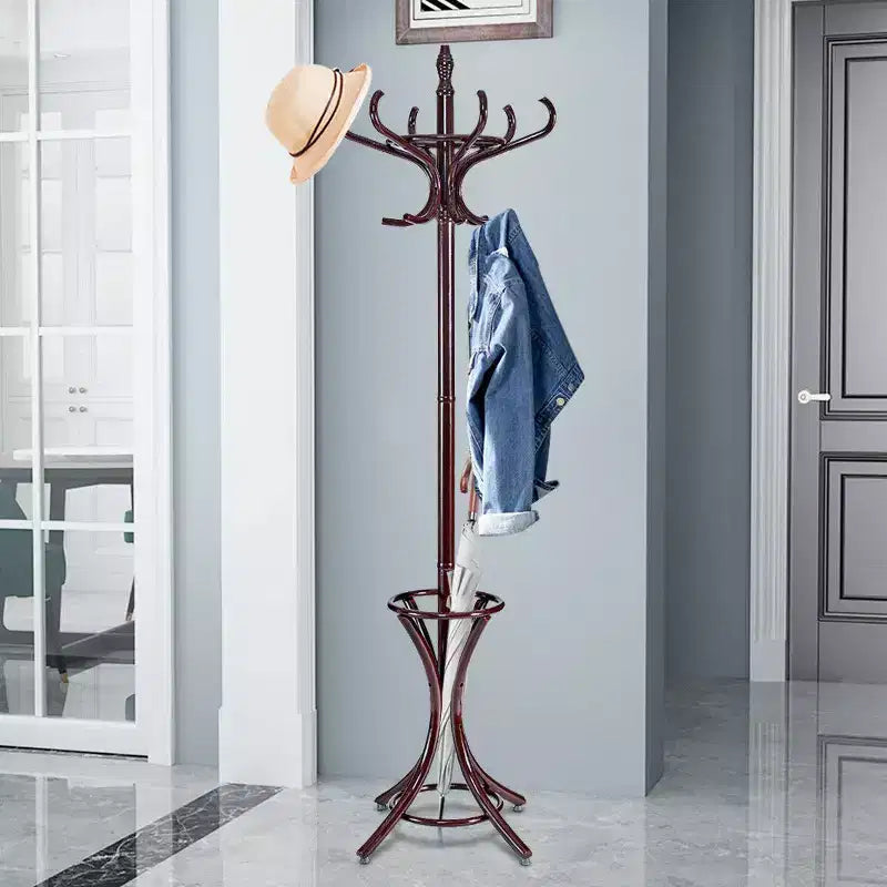 Portemanteau sur pied en bois Costway, support pour chapeaux, manteaux, vestes, sacs, 12 crochets, marron rougeâtre avec porte-parapluies