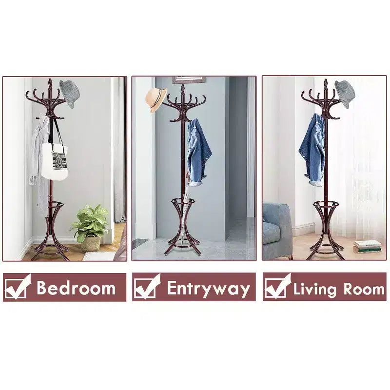 Portemanteau sur pied en bois Costway, support pour chapeaux, manteaux, vestes, sacs, 12 crochets, marron rougeâtre avec porte-parapluies
