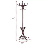 Portemanteau sur pied en bois Costway, support pour chapeaux, manteaux, vestes, sacs, 12 crochets, marron rougeâtre avec porte-parapluies