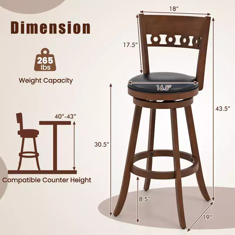 Lot de 2 tabourets de bar pivotants Costway 30,5 pouces avec cadre en bois d'hévéa