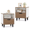 Costway 2PCS Nightstand Mid Century Modern Bedside Table w/ Drawer Open storage Shelf
