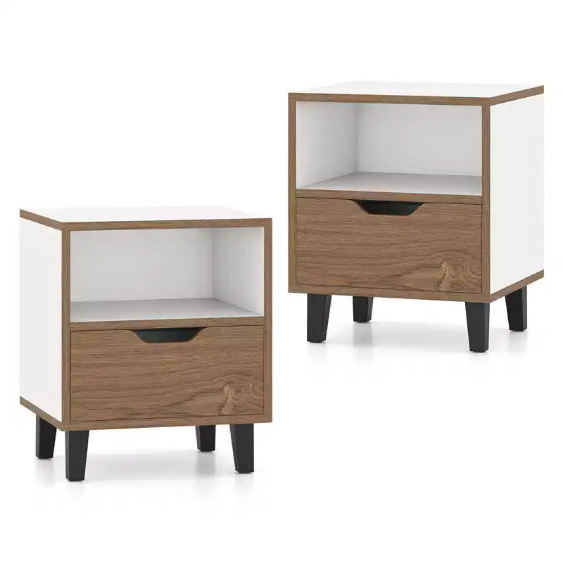Costway 2PCS Nightstand Mid Century Modern Bedside Table w/ Drawer Open storage Shelf
