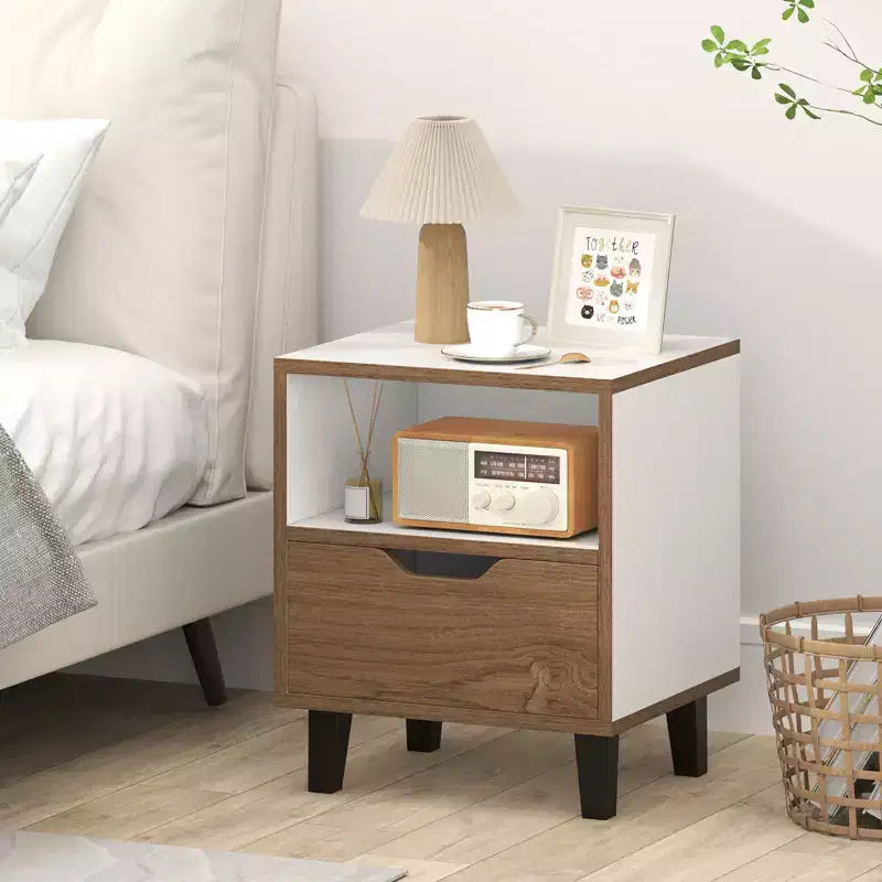 Costway 2PCS Nightstand Mid Century Modern Bedside Table w/ Drawer Open storage Shelf