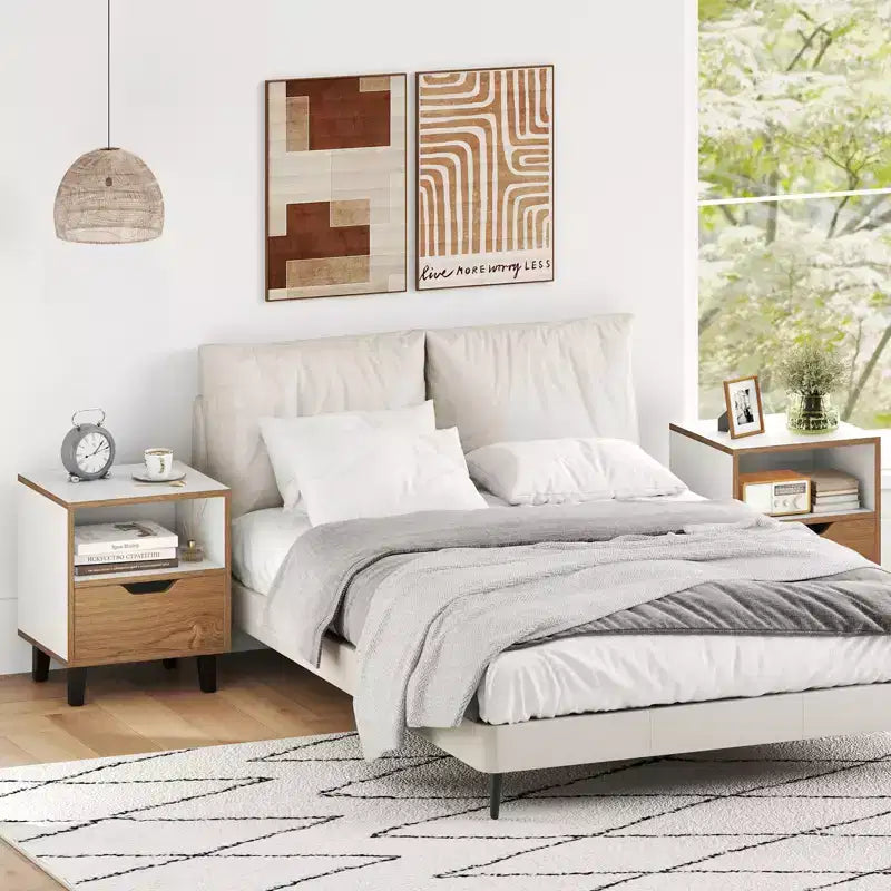 Costway 2PCS Nightstand Mid Century Modern Bedside Table w/ Drawer Open storage Shelf
