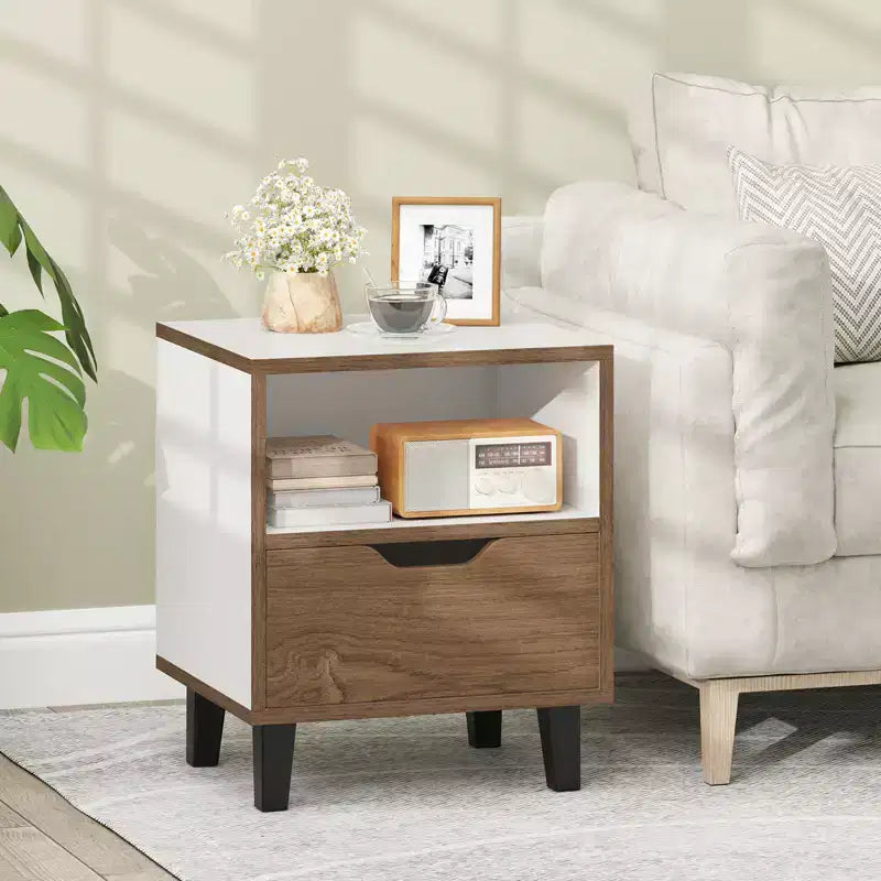 Costway 2PCS Nightstand Mid Century Modern Bedside Table w/ Drawer Open storage Shelf