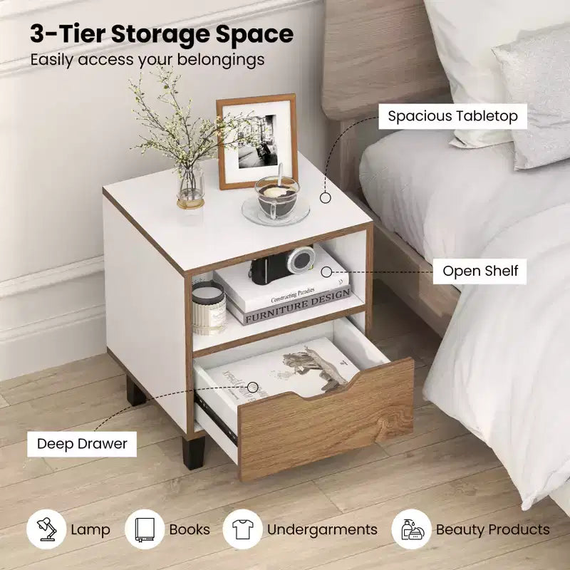 Costway 2PCS Nightstand Mid Century Modern Bedside Table w/ Drawer Open storage Shelf