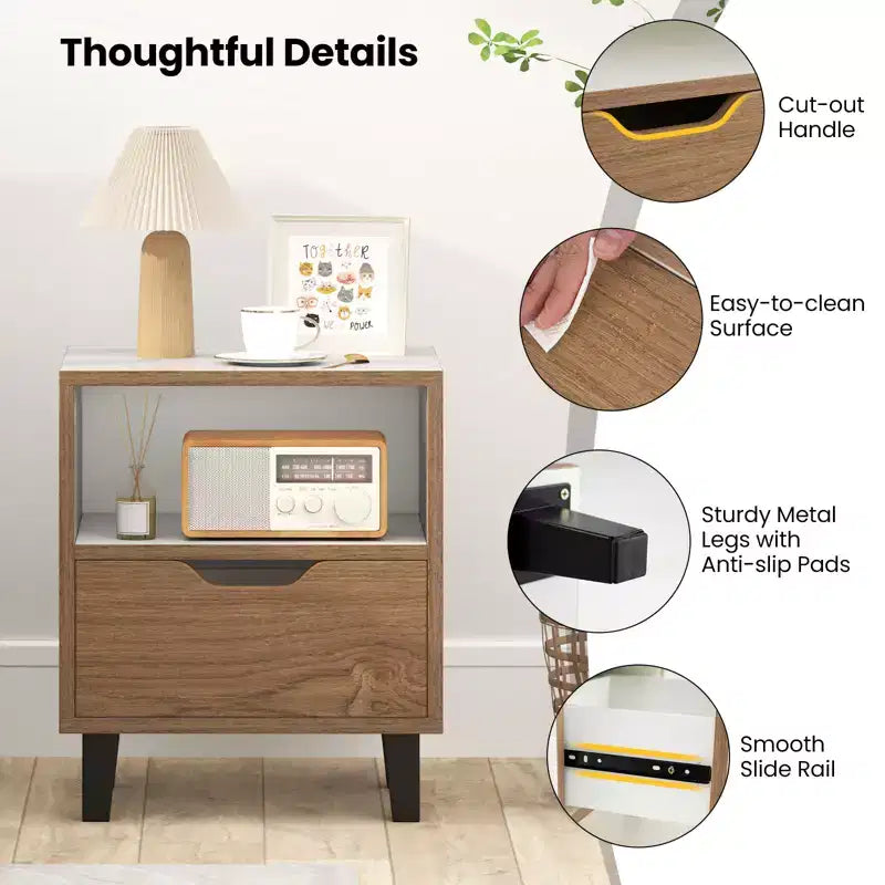 Costway 2PCS Nightstand Mid Century Modern Bedside Table w/ Drawer Open storage Shelf