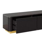 Meuble TV cannelé pour téléviseur de 85 pouces avec base dorée, meuble multimédia moderne avec 4 tiroirs, centre de divertissement avec profil incurvé