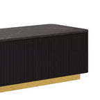 Meuble TV cannelé pour téléviseur de 85 pouces avec base dorée, meuble multimédia moderne avec 4 tiroirs, centre de divertissement avec profil incurvé