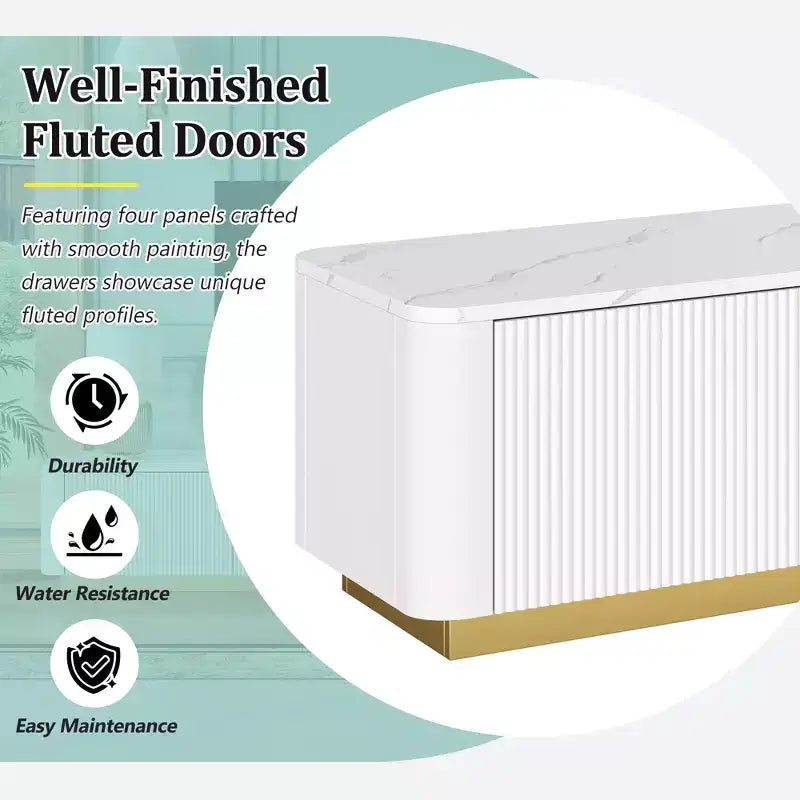 Meuble TV cannelé pour téléviseur de 85 pouces avec base dorée, meuble multimédia moderne avec 4 tiroirs, centre de divertissement avec profil incurvé