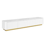Meuble TV cannelé pour téléviseur de 85 pouces avec base dorée, meuble multimédia moderne avec 4 tiroirs, centre de divertissement avec profil incurvé