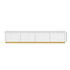 Meuble TV cannelé pour téléviseur de 85 pouces avec base dorée, meuble multimédia moderne avec 4 tiroirs, centre de divertissement avec profil incurvé