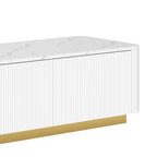 Meuble TV cannelé pour téléviseur de 85 pouces avec base dorée, meuble multimédia moderne avec 4 tiroirs, centre de divertissement avec profil incurvé