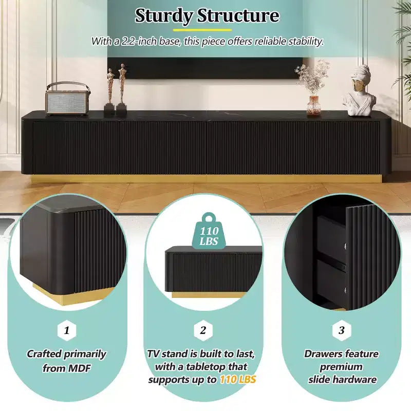 Meuble TV cannelé pour téléviseur de 85 pouces avec base dorée, meuble multimédia moderne avec 4 tiroirs, centre de divertissement avec profil incurvé