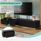 Meuble TV cannelé pour téléviseur de 85 pouces avec base dorée, meuble multimédia moderne avec 4 tiroirs, centre de divertissement avec profil incurvé