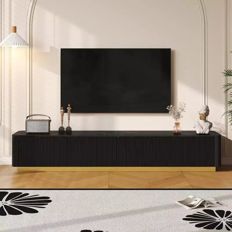 Fluted TV Stand for 85 inch TV with Gold Base, Modern Media Console with 4 Drawers, Entertainment Center with Curved Profile Design