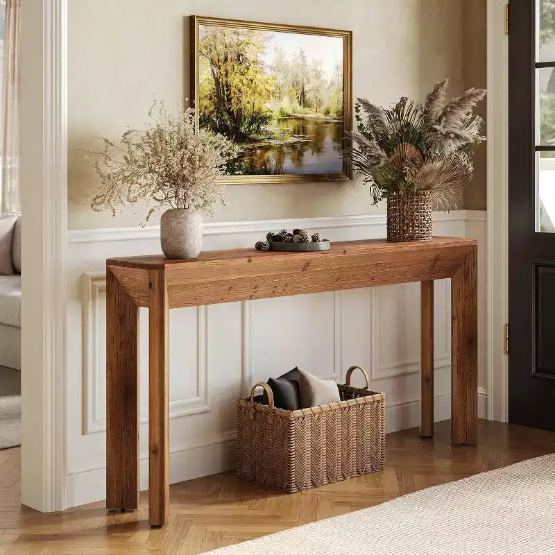 Console en bois massif Lantine 63 pour salon, table d'entrée de style rustique avec pieds évasés intégrés pour couloir