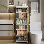 VECELO Meuble de rangement étroit et haut à 2/3 niveaux, organisateur de rangement fin pour salle de bain avec doubles portes transparentes pour petits espaces, marron thé