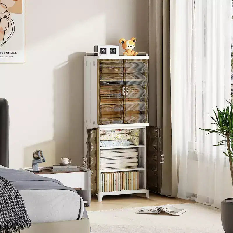 VECELO Meuble de rangement étroit et haut à 2/3 niveaux, organisateur de rangement fin pour salle de bain avec doubles portes transparentes pour petits espaces, marron thé