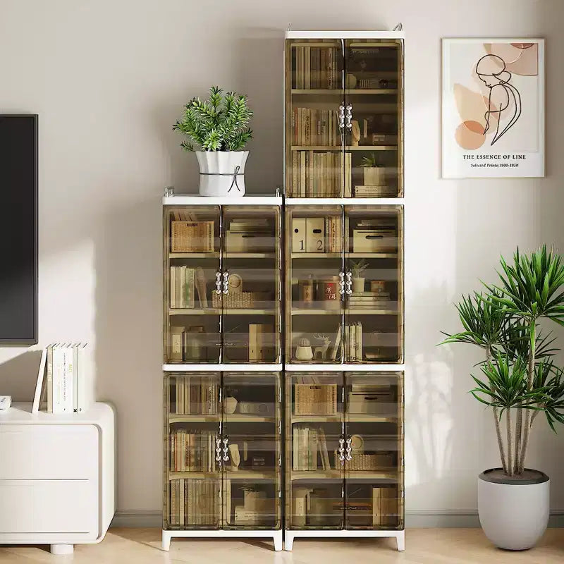 VECELO Meuble de rangement étroit et haut à 2/3 niveaux, organisateur de rangement fin pour salle de bain avec doubles portes transparentes pour petits espaces, marron thé