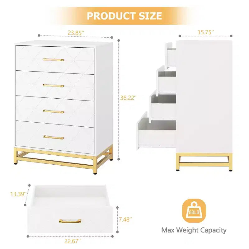 Commode moderne à 4 tiroirs en bois pour chambre à coucher - Grande commode de rangement avec poignées métalliques élégantes, meuble de chambre élégant