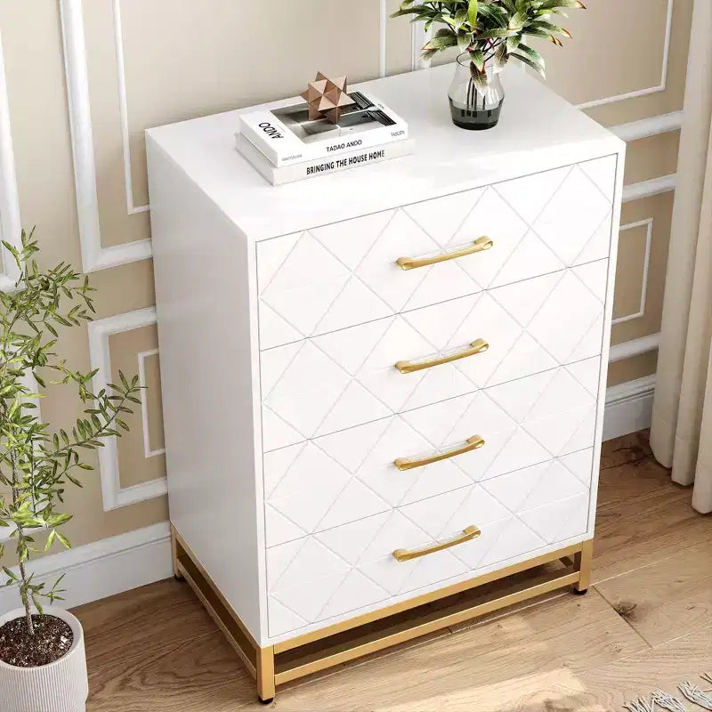 Commode moderne à 4 tiroirs en bois pour chambre à coucher - Grande commode de rangement avec poignées métalliques élégantes, meuble de chambre élégant