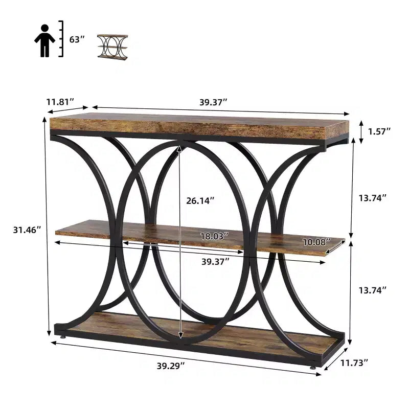 39 Industrial Entryway Table, 3 Tier Narrow Long Sofa Table, Behind Couch Console Table with Metal Frame for Living Room Hallway Foyer