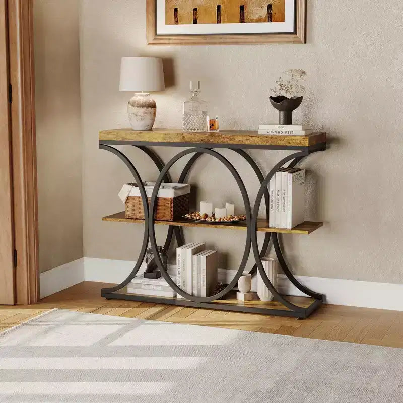 39 Industrial Entryway Table, 3 Tier Narrow Long Sofa Table, Behind Couch Console Table with Metal Frame for Living Room Hallway Foyer