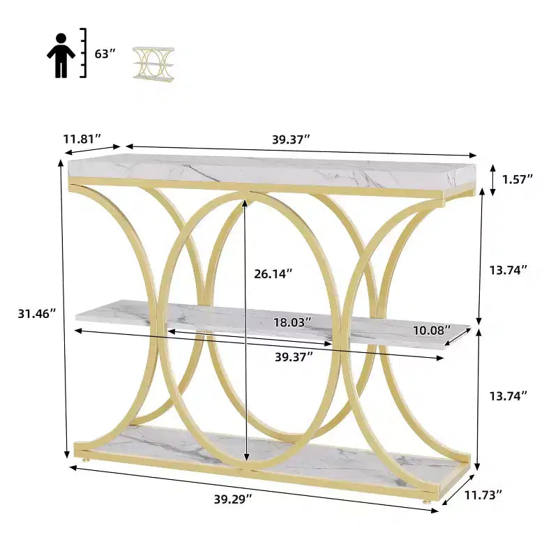 39 Industrial Entryway Table, 3 Tier Narrow Long Sofa Table, Behind Couch Console Table with Metal Frame for Living Room Hallway Foyer