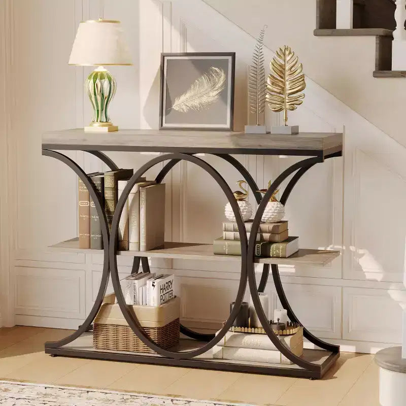 39 Industrial Entryway Table, 3 Tier Narrow Long Sofa Table, Behind Couch Console Table with Metal Frame for Living Room Hallway Foyer