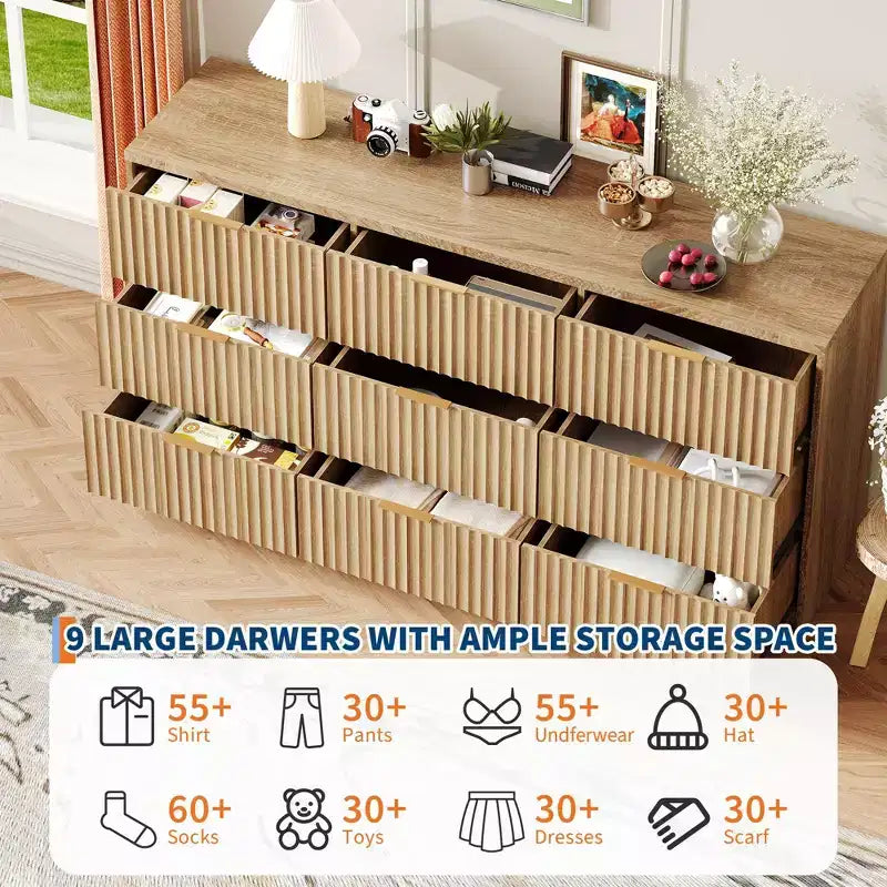 Fluted Dresser for Bedroom, 9 Drawer Dresser, Modern Chest of Drawers, Wooden Dressers Closet Storage Organizer for Living Room Entryway