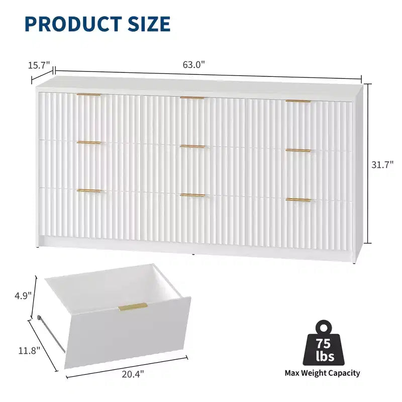 Fluted Dresser for Bedroom, 9 Drawer Dresser, Modern Chest of Drawers, Wooden Dressers Closet Storage Organizer for Living Room Entryway