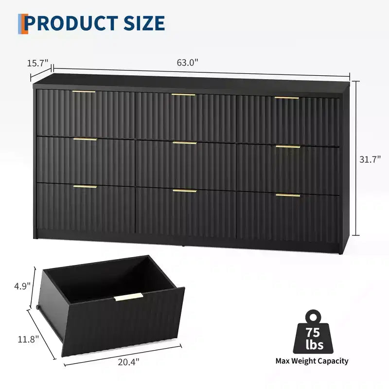 Fluted Dresser for Bedroom, 9 Drawer Dresser, Modern Chest of Drawers, Wooden Dressers Closet Storage Organizer for Living Room Entryway