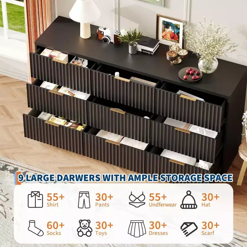 Fluted Dresser for Bedroom, 9 Drawer Dresser, Modern Chest of Drawers, Wooden Dressers Closet Storage Organizer for Living Room Entryway