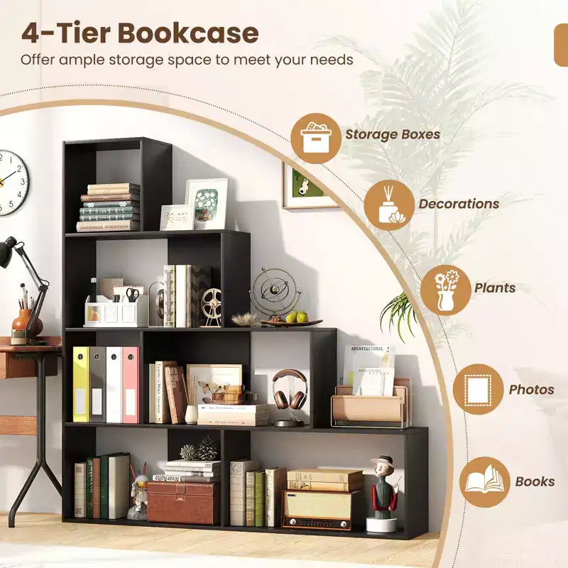 Costway Lot de 2 bibliothèques à 4 niveaux avec 6 cubes de rangement, étagère escalier géométrique moderne de 64 pouces de haut