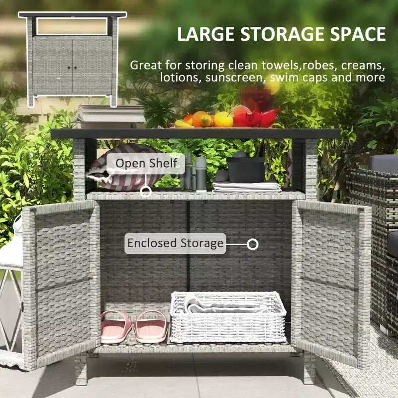 Armoire de rangement extérieure en osier avec deux portes et étagère pour le rangement de serviettes de piscine
