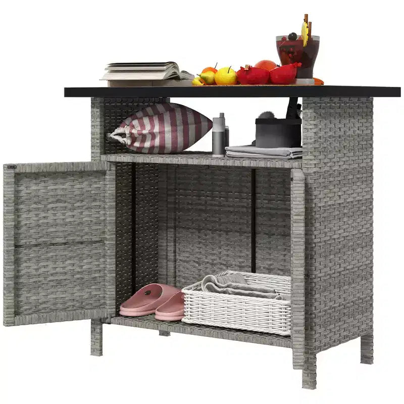 Wicker Outdoor Storage Cabinet with Two Doors and Shelf for Outdoor Pool Towel Storage