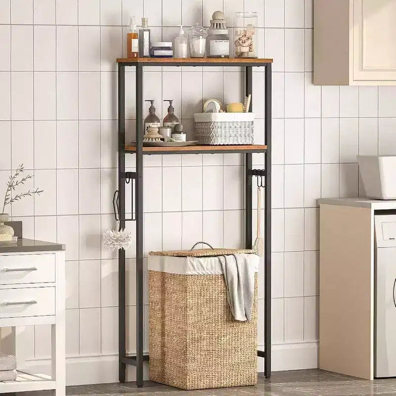 Over Toilet Storage 3 - Tier 2 - Tier Bathroom Organizer Freestanding Shelf with Adjustable Feet Rustic Brown and Black